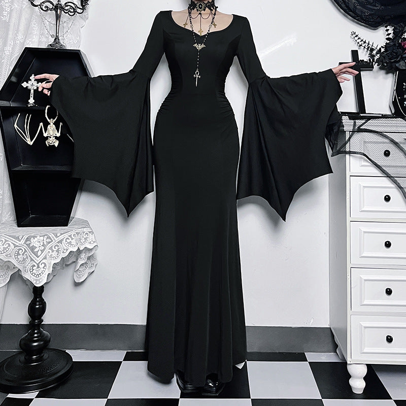 Y2K Goth Floral Lace Mesh Flared Sleeve Bodycon Party Dresses Sexy Vintage Elegant Black Velvet V-Neck Long Dress Partywear