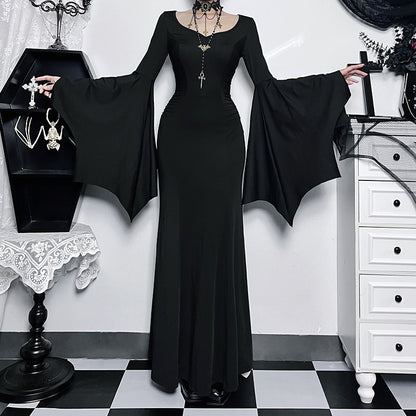 Y2K Goth Floral Lace Mesh Flared Sleeve Bodycon Party Dresses Sexy Vintage Elegant Black Velvet V-Neck Long Dress Partywear