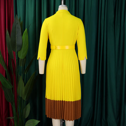 CM.YAYA Fashion Full Sleeve Notched Neck Solid High Waist Belt Dress Women Autumn Office Lady Pleated Long Africa Midi Dresses