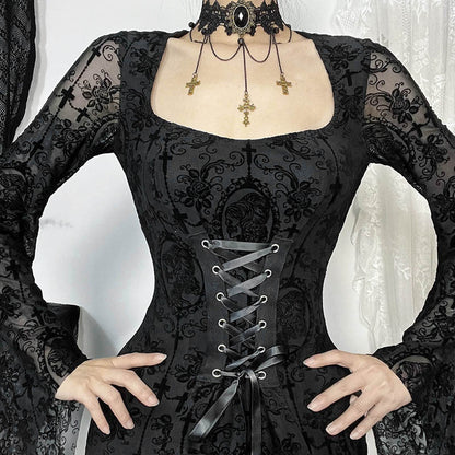 Y2K Goth Floral Lace Mesh Flared Sleeve Bodycon Party Dresses Sexy Vintage Elegant Black Velvet V-Neck Long Dress Partywear