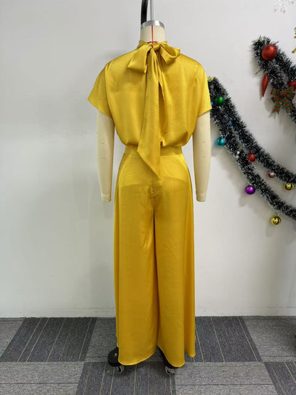 CM.YAYA Women's Set satin Short Sleeve Turtleneck Shirt+wide Leg Pants 2024 Fall Streetwear OL Two 2Piece Sets Outfits Tracksuit