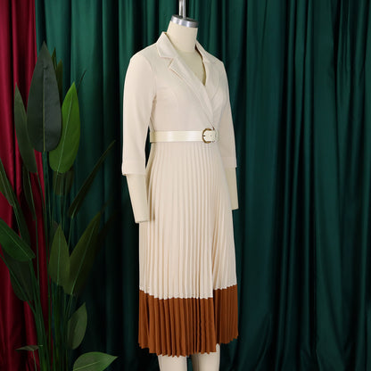 CM.YAYA Fashion Full Sleeve Notched Neck Solid High Waist Belt Dress Women Autumn Office Lady Pleated Long Africa Midi Dresses