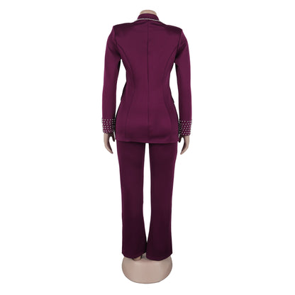 CM.YAYA Fashion Pearl Splicing Women's Set Long Sleeve Blazer and Wide Leg Pants Suit 2024 Winter OL Fall Two 2 Piece Set Outfit