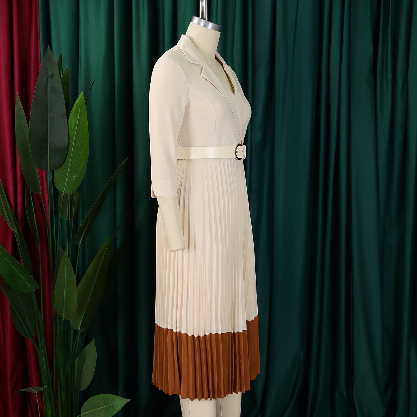 CM.YAYA Fashion Full Sleeve Notched Neck Solid High Waist Belt Dress Women Autumn Office Lady Pleated Long Africa Midi Dresses