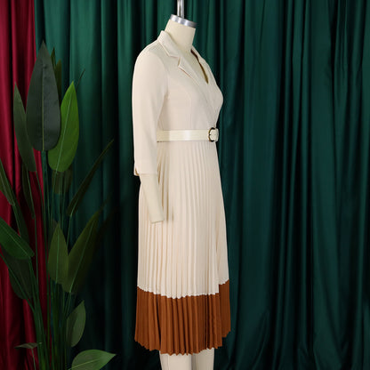 CM.YAYA Fashion Full Sleeve Notched Neck Solid High Waist Belt Dress Women Autumn Office Lady Pleated Long Africa Midi Dresses
