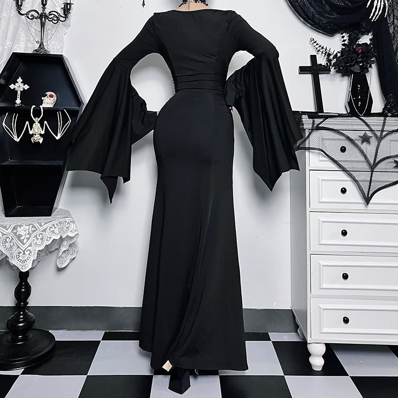 Y2K Goth Floral Lace Mesh Flared Sleeve Bodycon Party Dresses Sexy Vintage Elegant Black Velvet V-Neck Long Dress Partywear