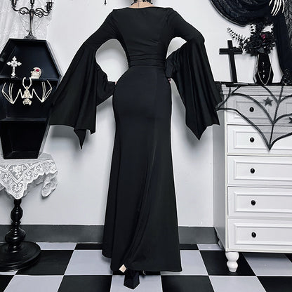 Y2K Goth Floral Lace Mesh Flared Sleeve Bodycon Party Dresses Sexy Vintage Elegant Black Velvet V-Neck Long Dress Partywear