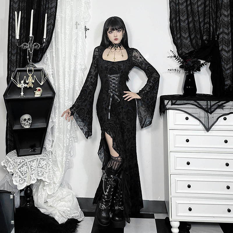 Y2K Goth Floral Lace Mesh Flared Sleeve Bodycon Party Dresses Sexy Vintage Elegant Black Velvet V-Neck Long Dress Partywear