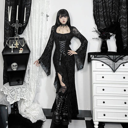 Y2K Goth Floral Lace Mesh Flared Sleeve Bodycon Party Dresses Sexy Vintage Elegant Black Velvet V-Neck Long Dress Partywear