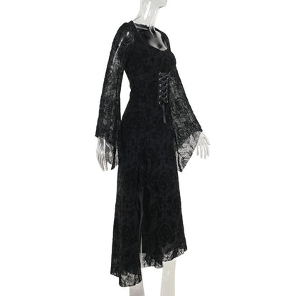 Y2K Goth Floral Lace Mesh Flared Sleeve Bodycon Party Dresses Sexy Vintage Elegant Black Velvet V-Neck Long Dress Partywear