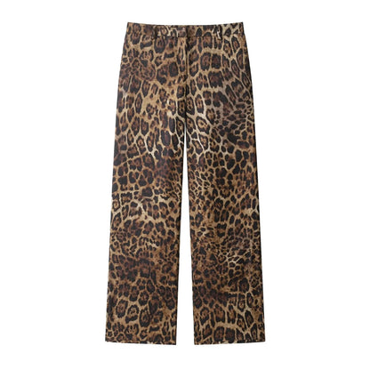 KONDALA Vintage Leopard Print Women Suits V Neck Sashes Long Sleeve Oversized Blazer+Wide Leg Pants Fashion 2025 Autumn Suits
