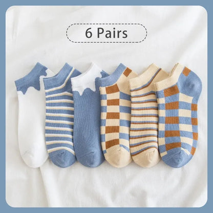 6 Pairs of Women's Spring and Summer Four Season Striped Plaid Fashion Trend Simple and Comfortable Sports Style Socks