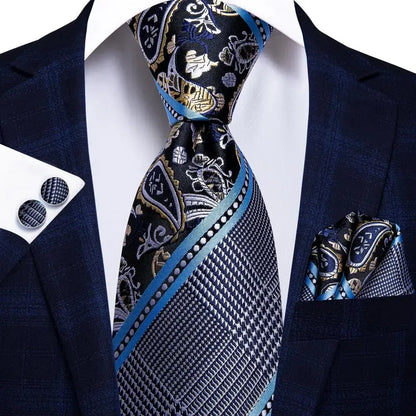 Hi-Tie Peacock Blue Novelty Designer Silk Wedding Tie For Men Hanky Cufflinks Gift Mens Fashion Necktie Set Business Party