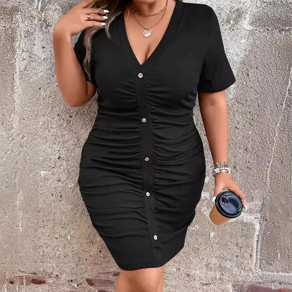 Plus Size Plus Size Women's Tight Fit Wrap Dress Summer Big Code Clothing Button Pleated Maxi Dress Fashionable plus Size Gown