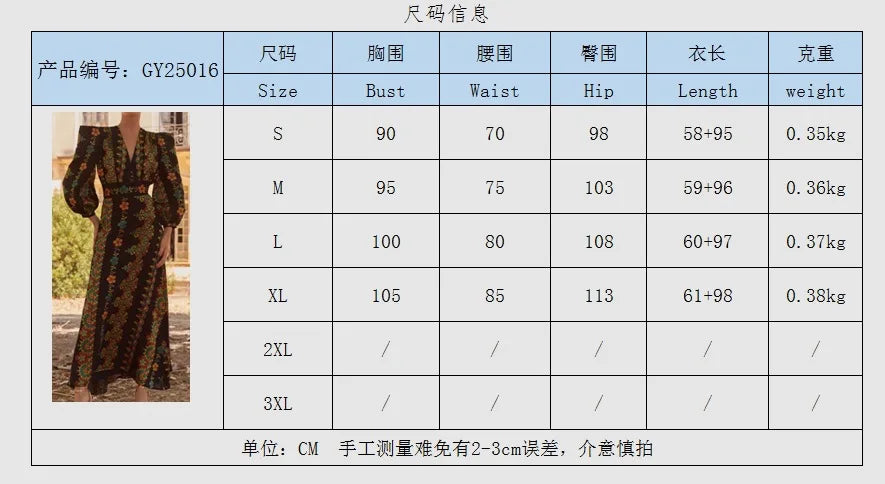 Spring Summer Womens Dress Fashion Printed Long-sleeved Top and Lose Floor-length Skirt Elegant V-neck Women Clothes Vestidos