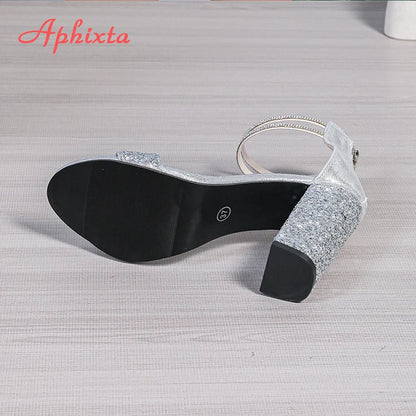 Aphixta Crystal Peep Toe Summer Sandal Luxury 10cm Square Heel Sandals Bling Silver High Heels Party Woman Shoes Pimp Size 43