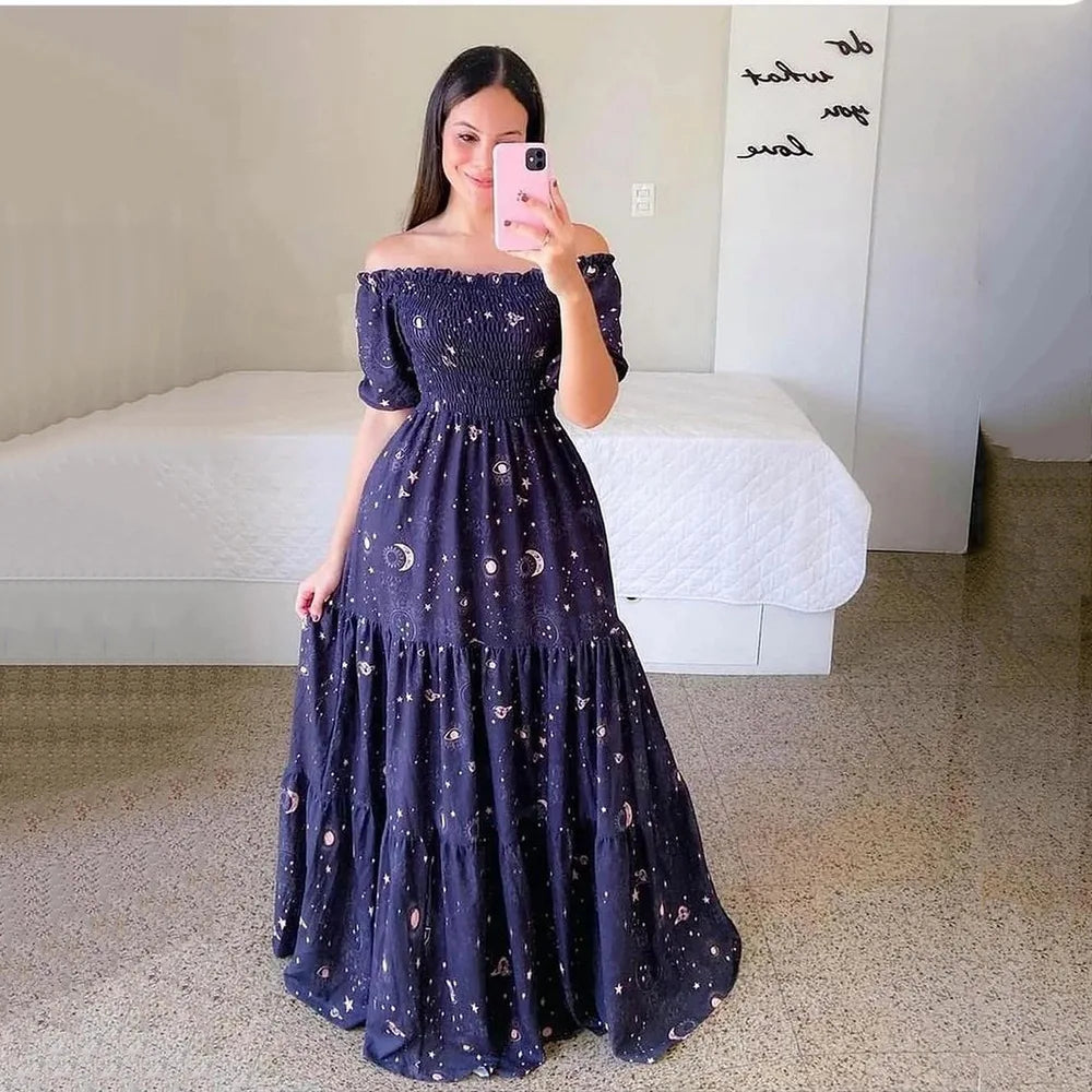 Spring Summer Sexy Off Shoulder Maxi Dress Woman Fashion Flower Print Short Sleeve Dresses For Women 2023 Elegant Party Robe