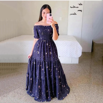 Spring Summer Sexy Off Shoulder Maxi Dress Woman Fashion Flower Print Short Sleeve Dresses For Women 2023 Elegant Party Robe