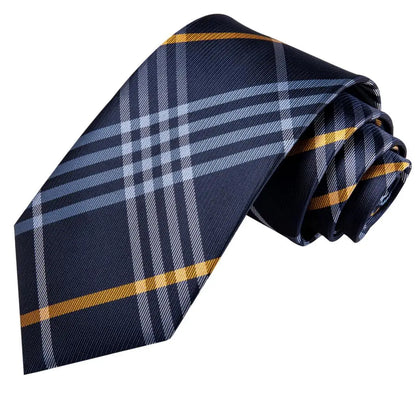 Hi-Tie Designer Silk Wedding Tie For Men Blue White Plaid Handky Cufflink Set Fashion Necktie For Men Business Party Wholesale