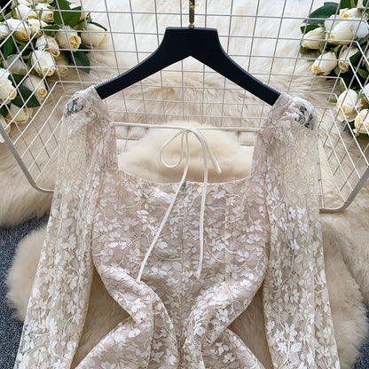 Spring France Elegant Vintage High End Evening Dress Women 3D Flower Lace Hollow Out Party Dress Female Casual Chic Clothing New
