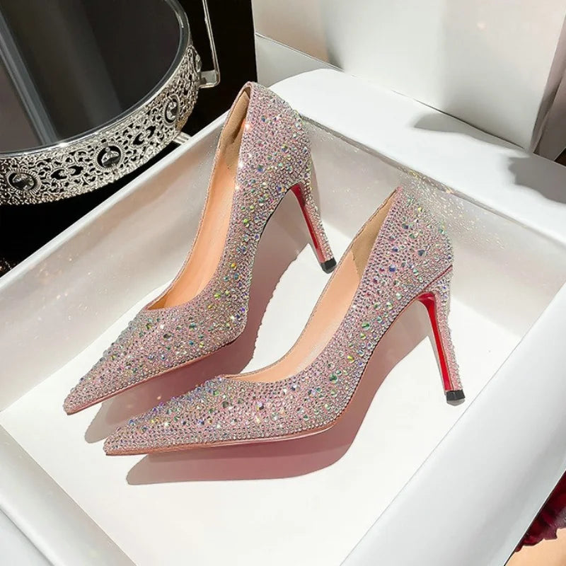 New Full Diamond Shallow Mouth Pumps Pointed Stiletto Leather Sexy Banquet All-Match Wedding Light Luxury Sandals Women'S Shoes