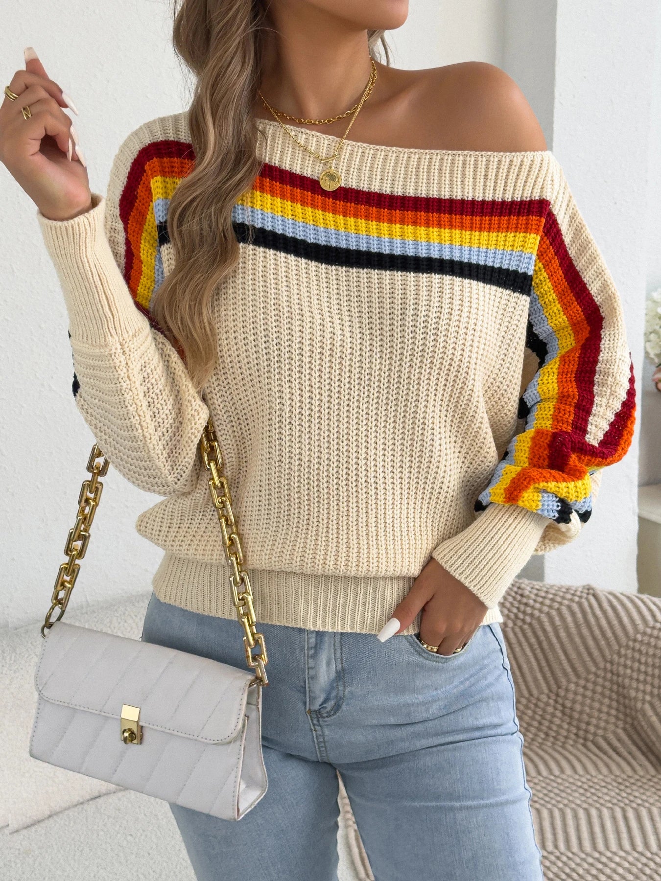 2025 Fashion Contrast Color Striped Sweaters Women Autumn Winter Casual Round Neck Lantern Long Sleeve Knitted Pullover