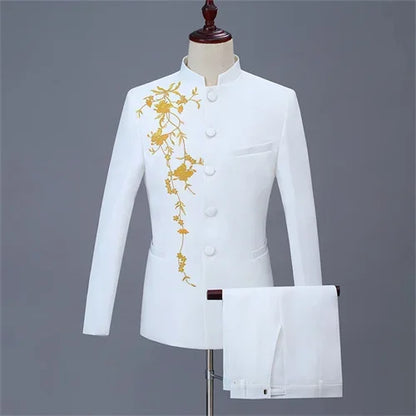 New Men Stand Collar Embroidery Suit 2 Piece Black / White / Red Fashion Male Stage Party Perform Blazer and Trousers