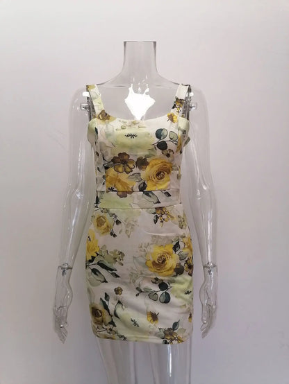 Spring Summer Printed Mini Dresses For Women Sleeveless Hollow Out Package Hip Slim Short Dress Fashion Night Club Party Vestido