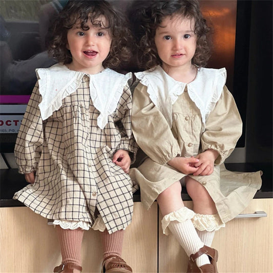 Autumn/Winter Girls' Dress Lapel Lace Lace Pleated Plaid/Solid Color Puffy Sleeve Garden Cotton And Linen Dress (Girls 0-3 Years
