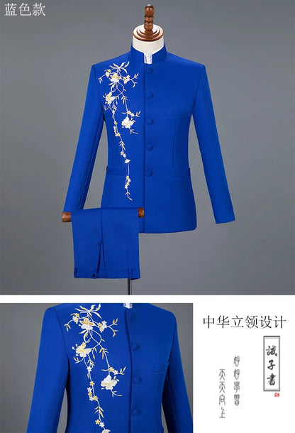 New Men Stand Collar Embroidery Suit 2 Piece Black / White / Red Fashion Male Stage Party Perform Blazer and Trousers