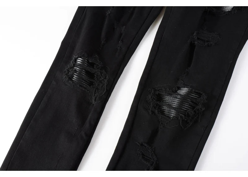 High street fashion new men's black jeans stretch slim fit retro washed leather patch jeans hip-hop brand designer pants Hombre