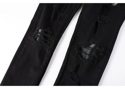 High street fashion new men's black jeans stretch slim fit retro washed leather patch jeans hip-hop brand designer pants Hombre