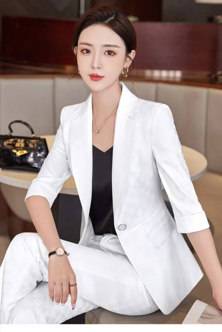 Summer Pants Sets For Women 2 Piece Set Half Sleeve Blazer &Trousers Suit Gray White Hight Quality Chic Elegant Business Outfit