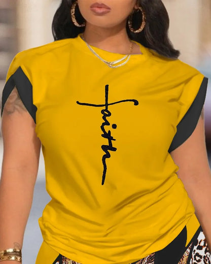 Two Piece Short Sets Print Letter Round  Neck T Shirts High Waist Pants Splice Tops Pullover Summer Ladies Beach Style