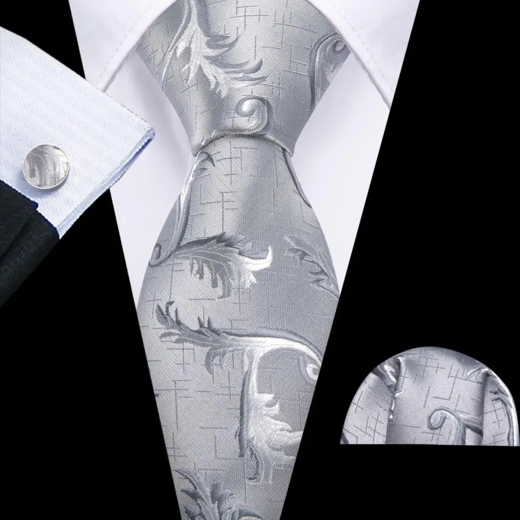Barry.Wang Black White Gray Silver Silk Men Tie Handkerchief Cufflinks Set Jacquard Necktie for Male Wedding Business Party Gift