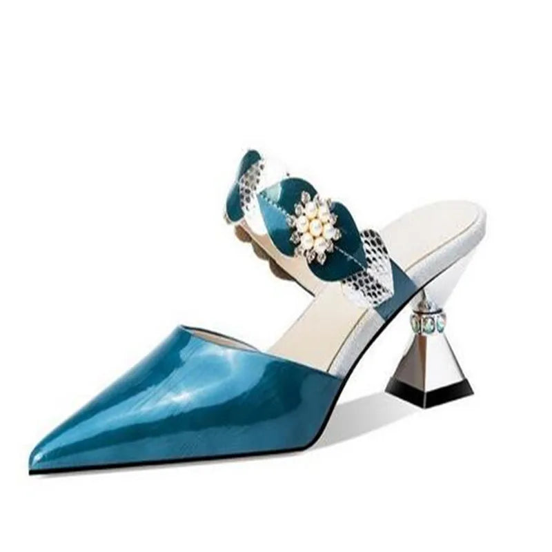 Pointed Designer Slides Fashion Rhinestones Non-Slip Women Slippers Elegant High Heel Outdoor Pearl Party Shoes