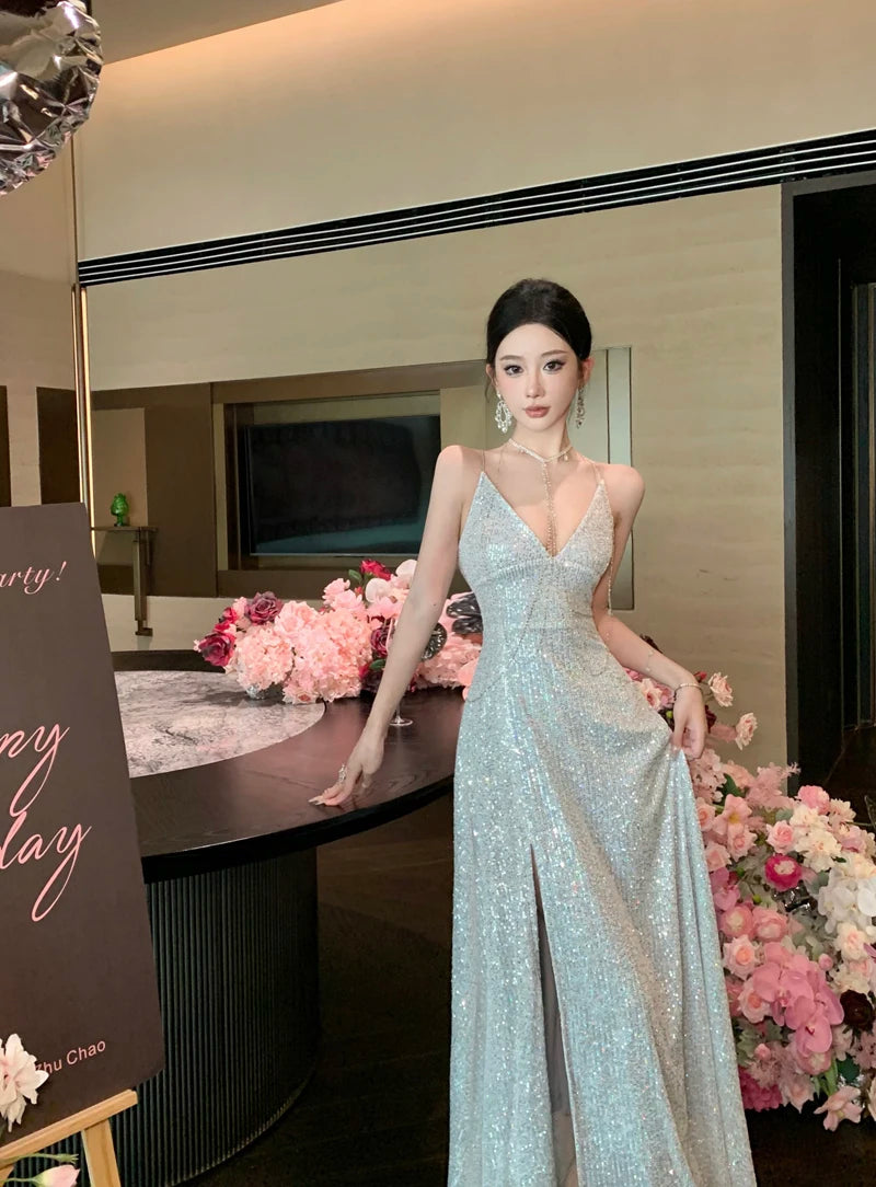 Sexy Backless Sequined Maxi Dresses for Women V-neck Lace-up High Split Evening Luxury Dress Fashion Birthday Party Prom Robe