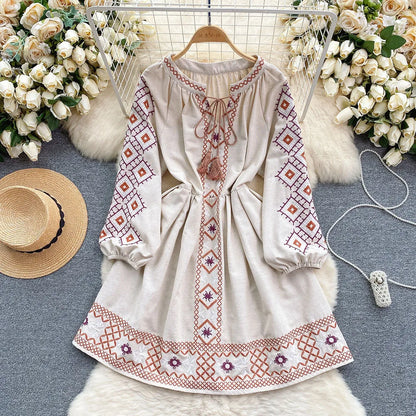 Women's Spring Dress Bohemian Retro Ethnic Style Diamond Cotton Linen Blend Embroidered Lantern Sleeves Mini Dress DS003