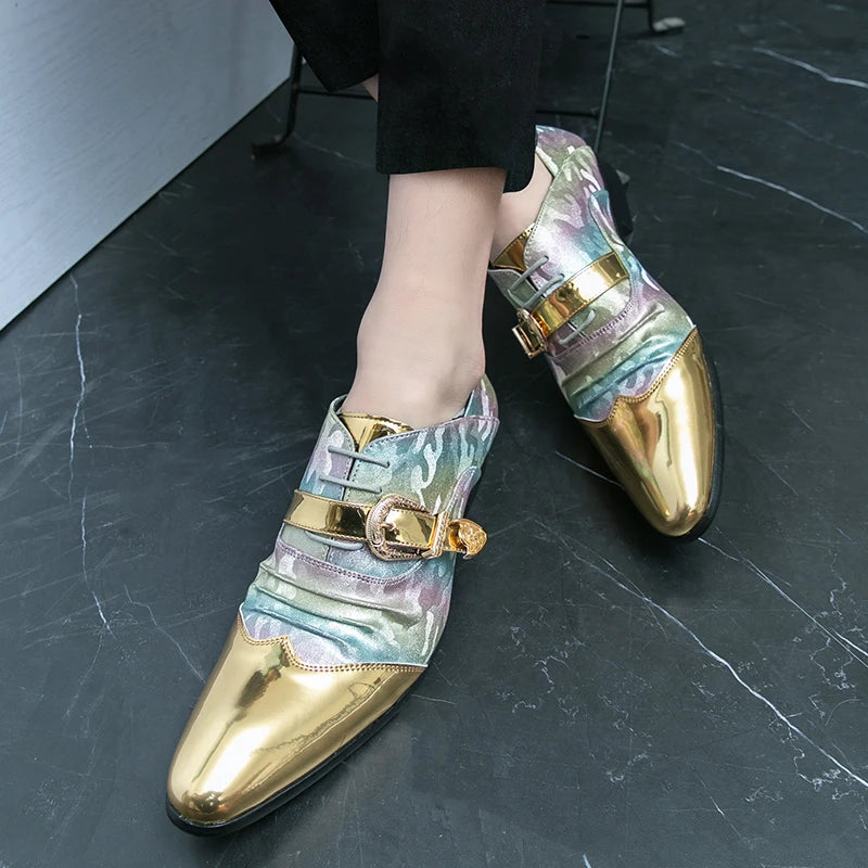 New Men's Pointed Gold Fold Patchwork Loafter Patent Leather Casual Shoes Male Formal Wedding Dress Homecoming Zapatos Hombre