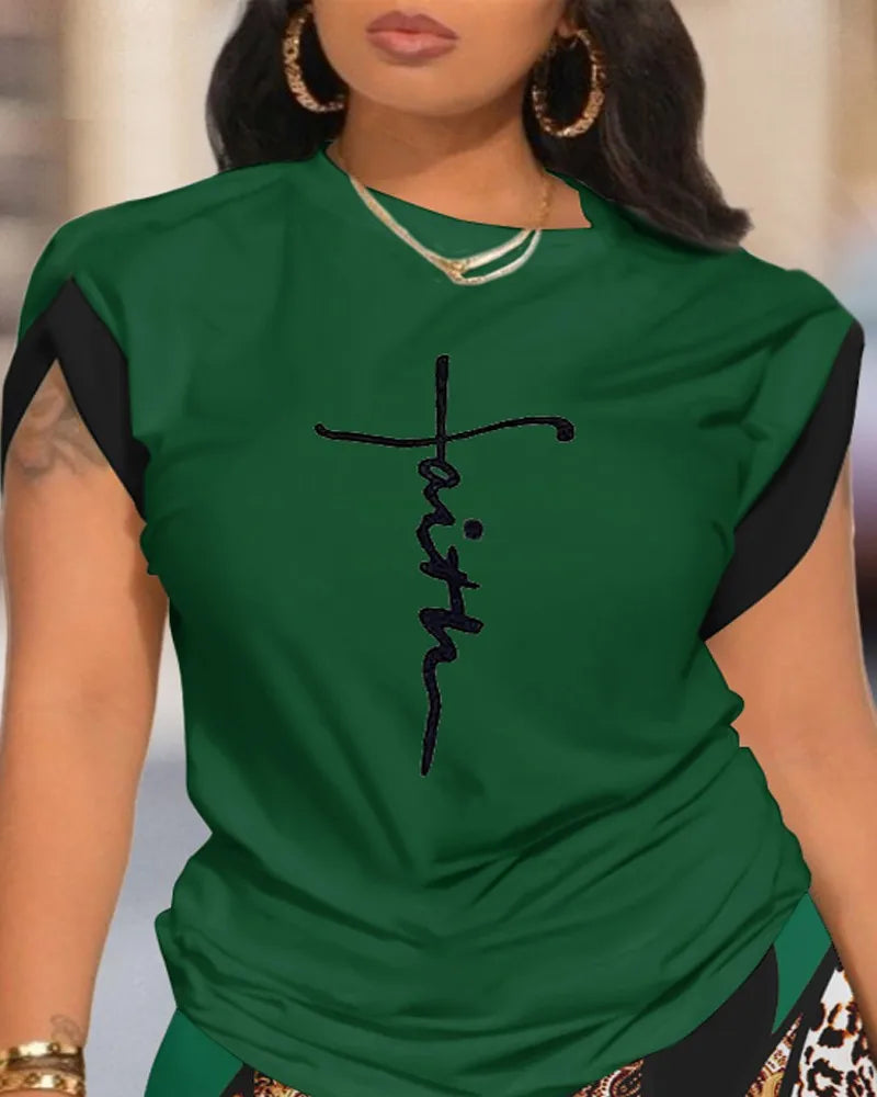 Two Piece Short Sets Print Letter Round  Neck T Shirts High Waist Pants Splice Tops Pullover Summer Ladies Beach Style