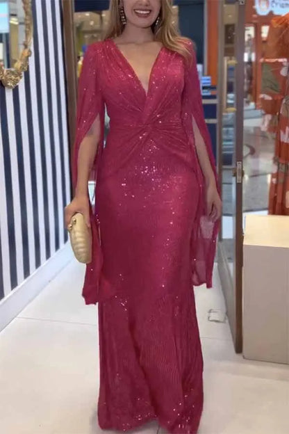 Autumn Winter Luxurious Sexy Sequins Cocktail Party Dress Prom Gown Cloak Sleeve V Neck Folds Corset Evening Floor Length Dress