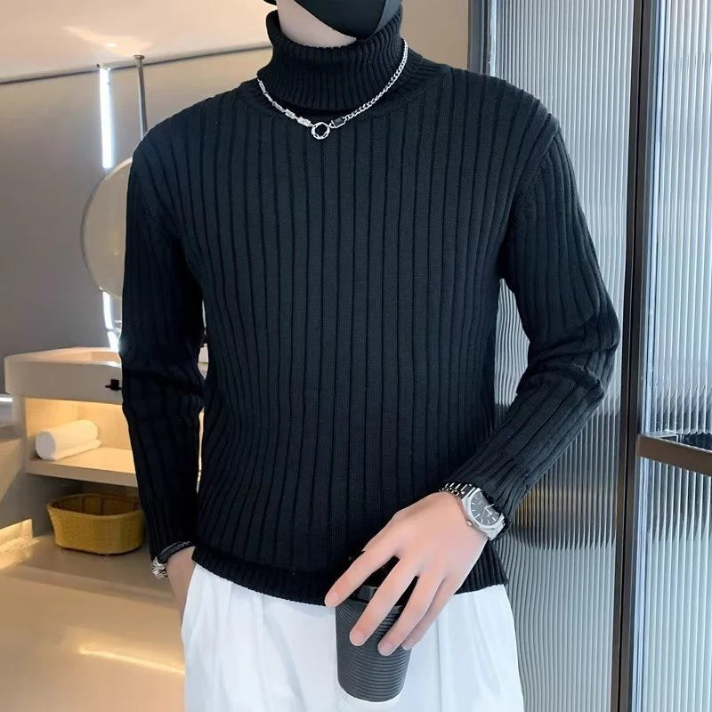 Men's Stylish Solid Thicken turndown Pullovers Thermal Winter Long Sleeve Sweater Vertical Stripes Design Knitted Sweaters Male