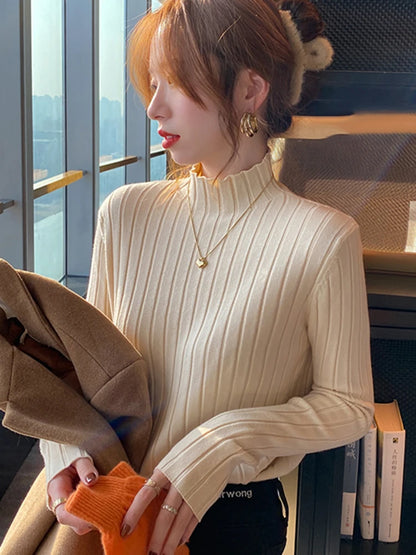 Autumn Winter Knitted Ribbed Turtleneck Sweater Women Clothes 2025 Long Sleeve Slim Basic Pullover Woman Sweaters Solid Tops