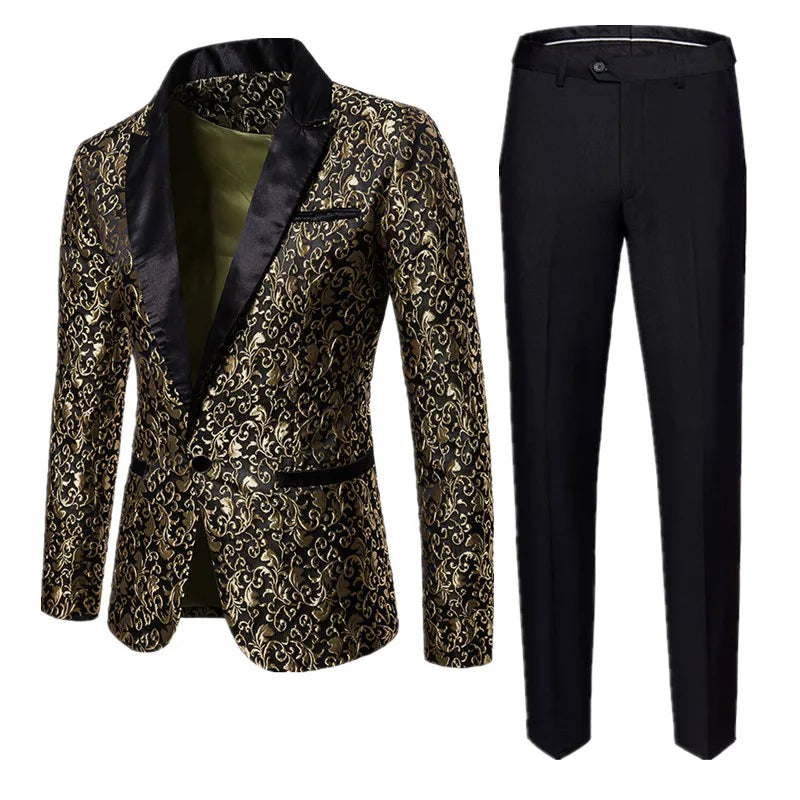 Fashion Men Business Jacquard Suit 2 Piece Black / Gold / White Male Dance Party Swallowtail Dress Male Blazers + Pants