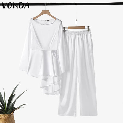 Plus Size VONDA 2024 Women Ruffled Sets Fashion Solid Color Suits Long Sleeve Irregular Top Patchwork Fitting Outfits 2pcs