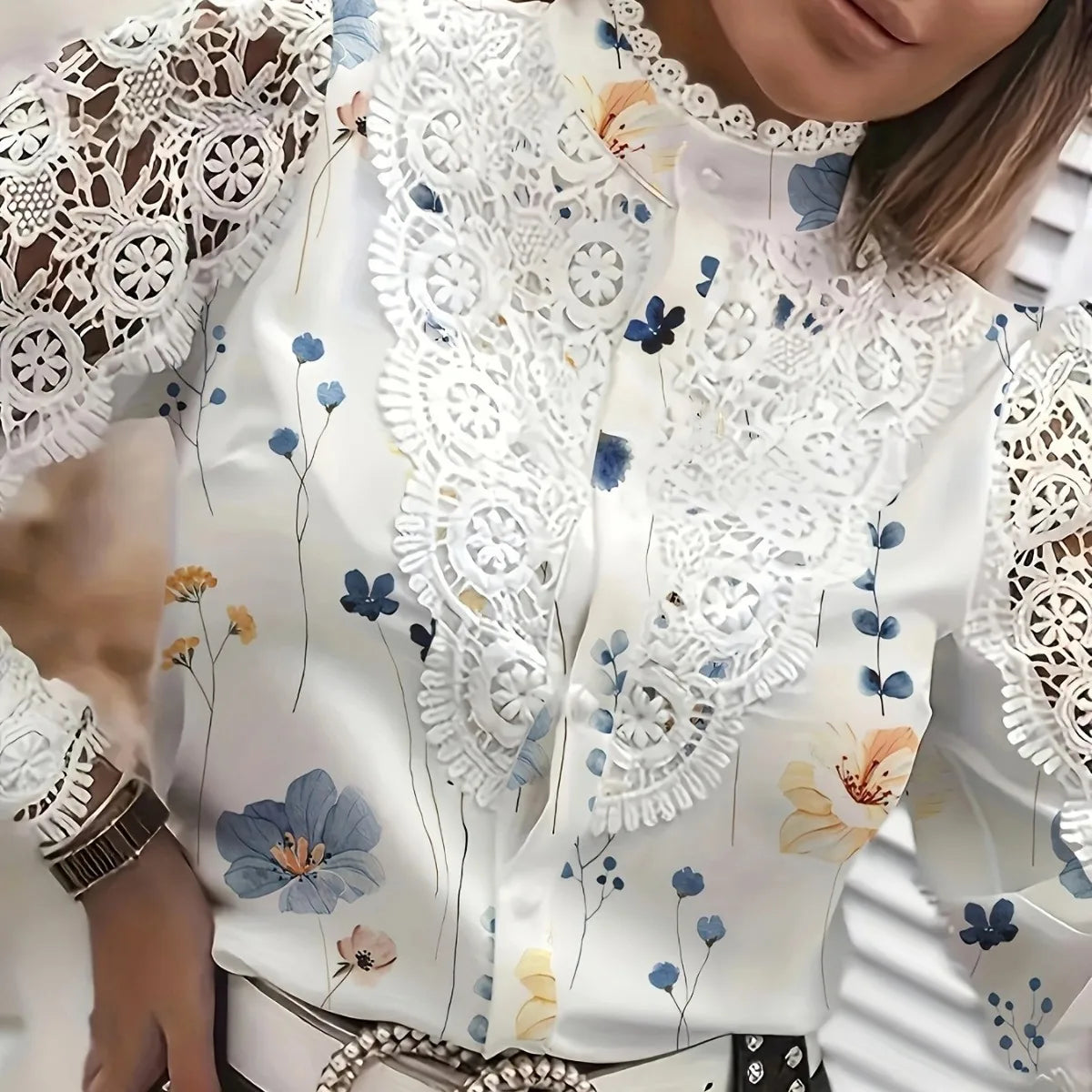 Fashion Vintage White Lace Long Sleeve Women Shirts 2024 Autumn Buttons Floral Print Tops And Blouses Womens Top Femme Shirt