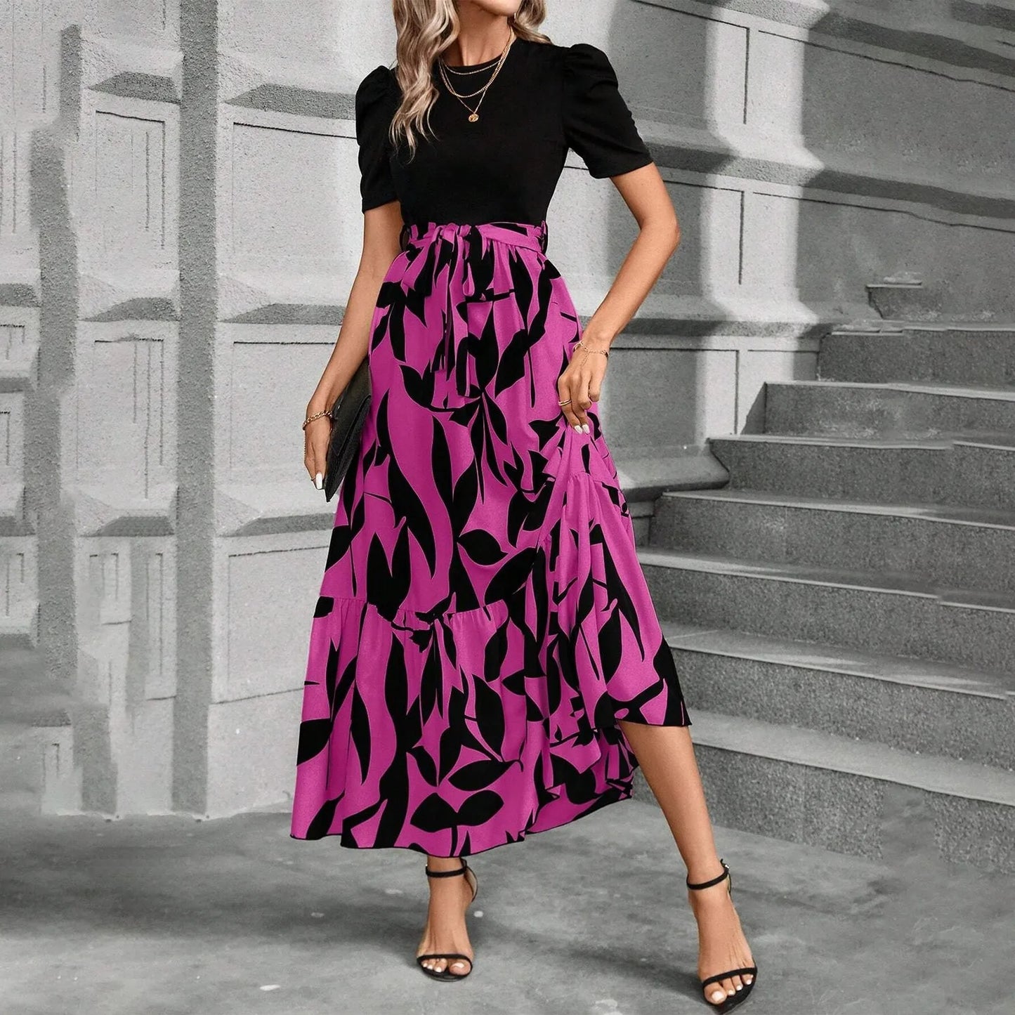 Spring Elegant Dress For Women Bow Tie Waist Cinched Dress A-Lin Flowing Skirt Office Women'S Clothing High Waisted Fashion Dres