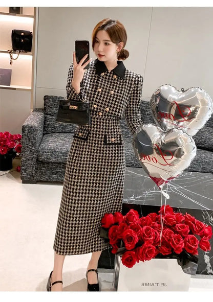 Spring Autumn New Dress Set Women Turn-down Collar Long Sleeve Button Patchwork Cardigan Elegant Slim All-match Slip Dresses