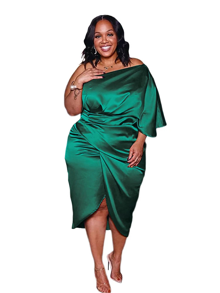 Plus Size Women Clothing One Shoulder Wedding Dress Big Lady Elegant Satin Short Dress Dresses 5xl Wholesale Bulk Dropshipping