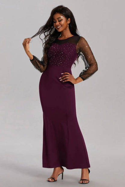 Mesh Patchwork Dress Womens Fashion Round Neck Long Sleeve Slim Elegant Dress Women